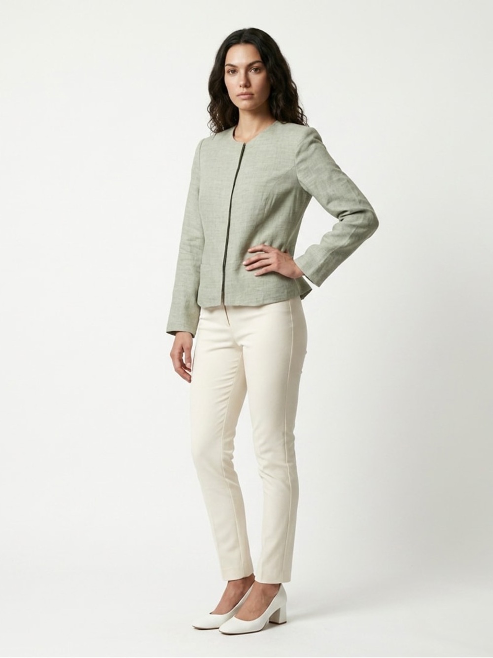 Sigrid Olsen Soft Sage Collarless 100% Linen Blazer Women’s Sz 10 Zip Front